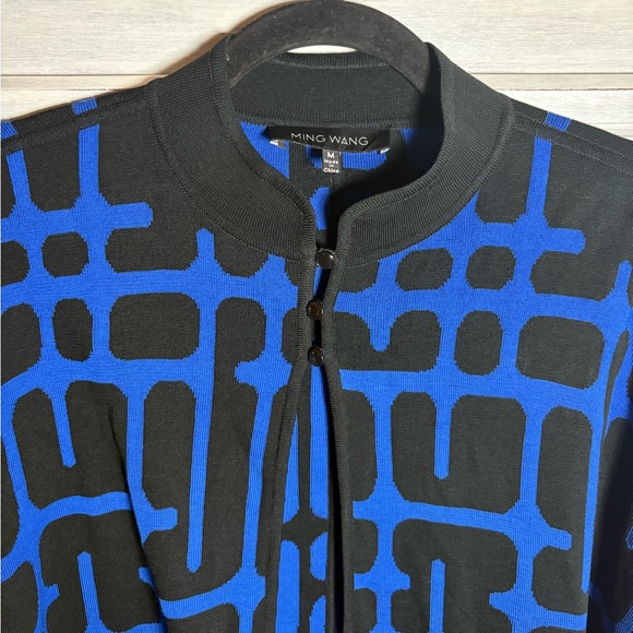 Ming Wang Blue Cape Sweater Geometric Abstract Print‎ Art to Wear Elegant Cozy - Picture 5 of 7